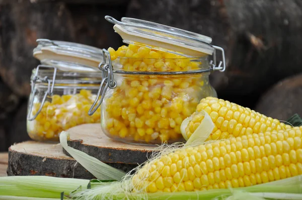Corn Frozen Corn Glass Jar Harvesting Vegetables Winter Canned Sweet — Stock Photo, Image