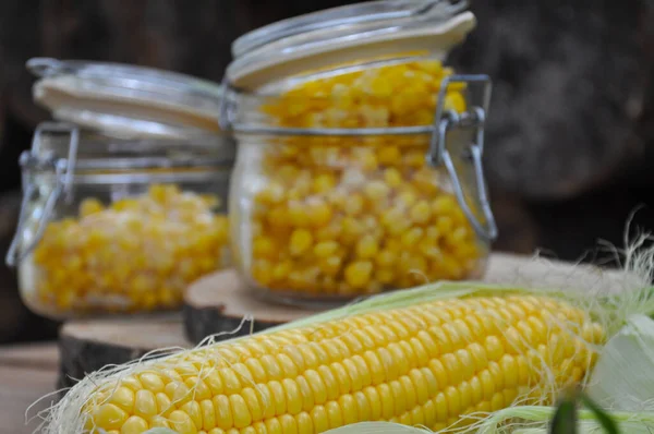 Corn Frozen Corn Glass Jar Harvesting Vegetables Winter Canned Sweet — Stock Photo, Image