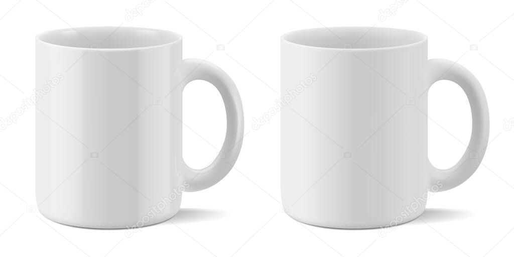 Vector realistic mockup of matte and glossy mug for drinks perspective view. White blank isolated cup. EPS 10