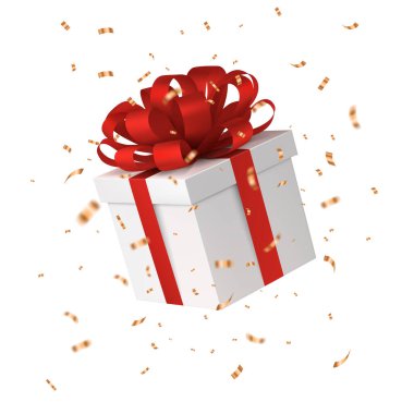 Kırmızı fiyonklu hediye kutusu, düşen altın konfeti, Noel süsü. Yeni yıl afişi. Vektör EPS 10