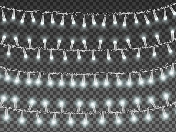 Weihnachtsdekoration Weihnachtsgirlanden Weiße Lampen Unterschiedliche Helligkeit Vektor Realistischen Lichteffekt Eps — Stockvektor