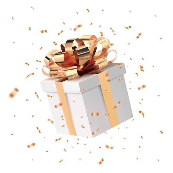 Christmas present and transparent confetti. Xmas background. Flying white closed gift box with gold ribbon bow. Gold falling serpentine. Vector EPS 10.