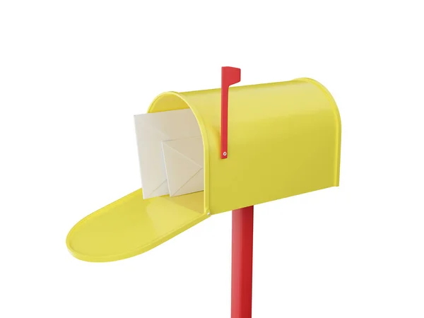 手紙付きのメールボックス 黄色いポストボックスを開きます 3Dレンダリング — ストック写真
