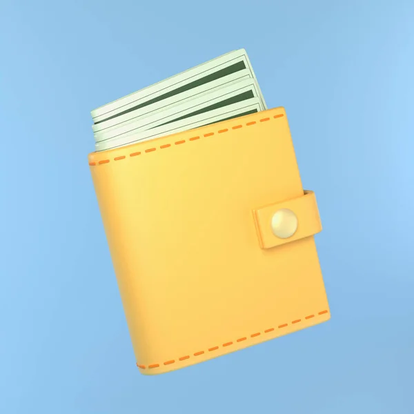 Wallet with cash. Yellow purse. Illustration on the theme of finance, business, payment. 3d rendering.