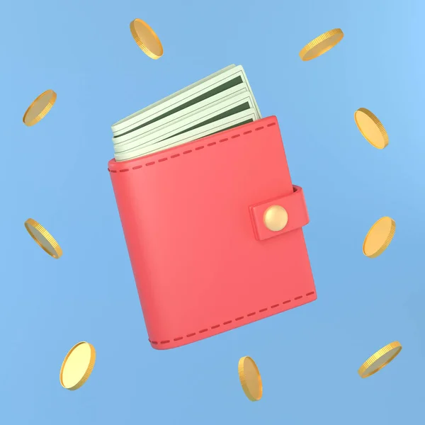 Wallet with cash, red purse and money. Illustration on the theme of finance, business, payment. 3d rendering.