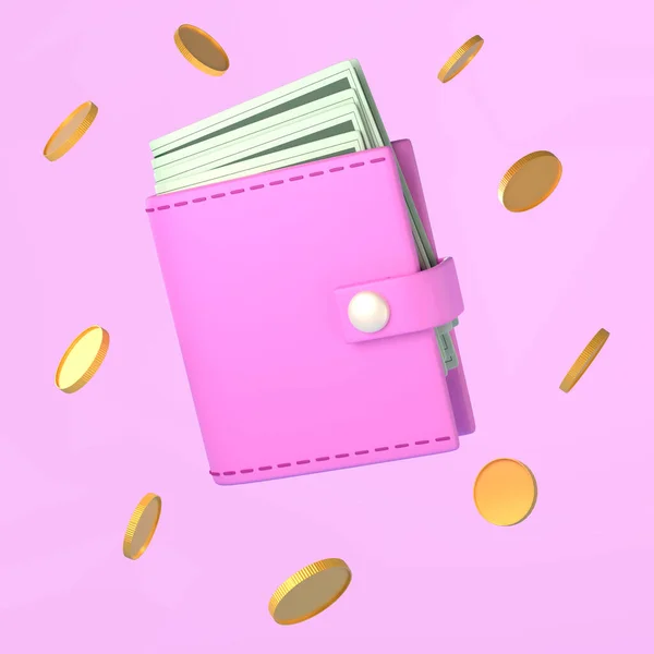 Wallet with cash. Pink purse and money. Illustration on the theme of finance, business, payment. 3d rendering.