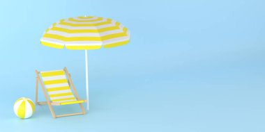 Yaz dönemi. Güverte sandalyesi, şişme top ve güneş şemsiyesi. 3d oluşturma.