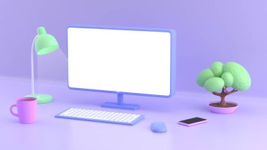 Boş bilgisayar ekranı, klavye, çay fincanı, Ekibana ev bitkisi, telefon, mor arka planda lamba. Çizgi film tarzında işyeri, ev ofisi. 3d oluşturma.