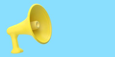 Sarı hoparlör, bağır, mavi arka planda megafon. 3d oluşturma