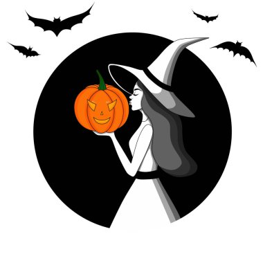 Şapkalı bir cadı ve balkabağı. Cadılar Bayramı için kartpostal. Vektör EPS 10