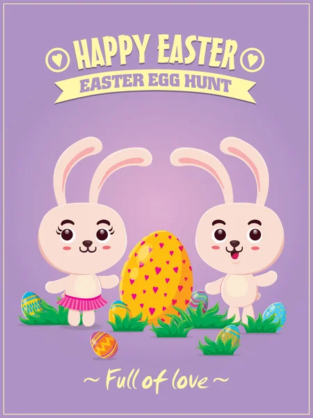 부활절 토끼와 빈티지 부활절 달걀 포스터 디자인 — 스톡 벡터