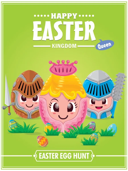 Дизайн плаката "Винтажное пасхальное яйцо" с королевой, рыцарским персонажем — стоковый вектор