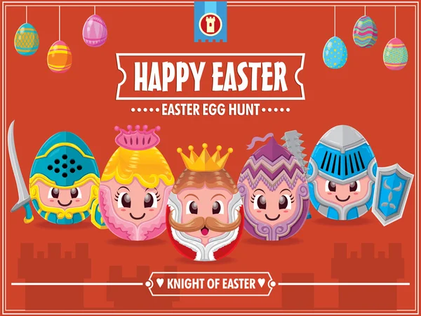 Vintage Easter Egg poster design with Queen, king, knight character — Stock Vector