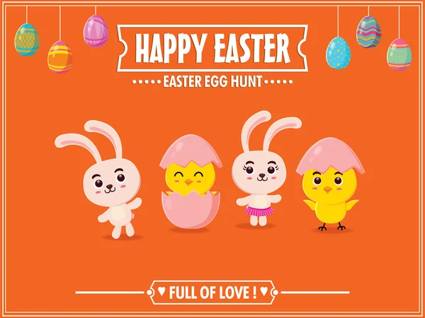 Diseño de póster de huevo de Pascua vintage con conejito de Pascua y pollito — Vector de stock