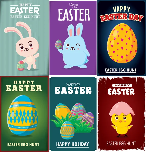 Vintage Easter Egg poster design conjunto com coelho de Páscoa — Vetor de Stock