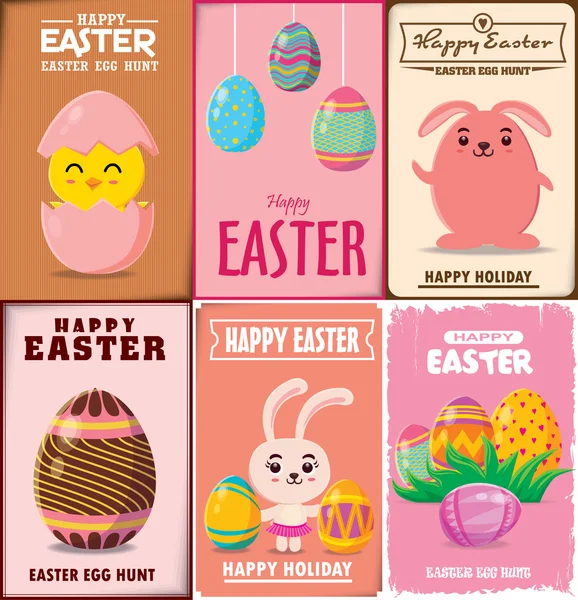 Vintage Easter Egg poster design conjunto com coelho de Páscoa — Vetor de Stock
