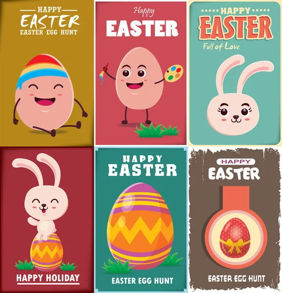 Vintage Easter Egg poster design conjunto com coelho de Páscoa — Vetor de Stock