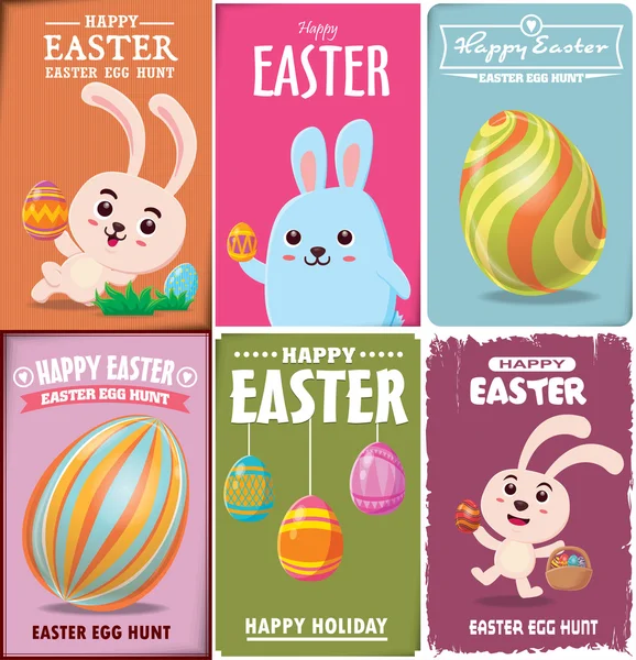 Vintage Easter Egg poster design conjunto com coelho de Páscoa — Vetor de Stock