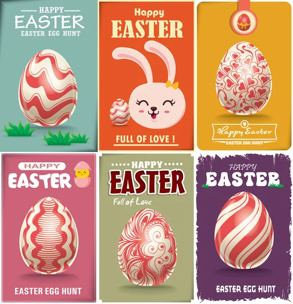 Vintage Easter Egg poster design conjunto com coelho de Páscoa — Vetor de Stock