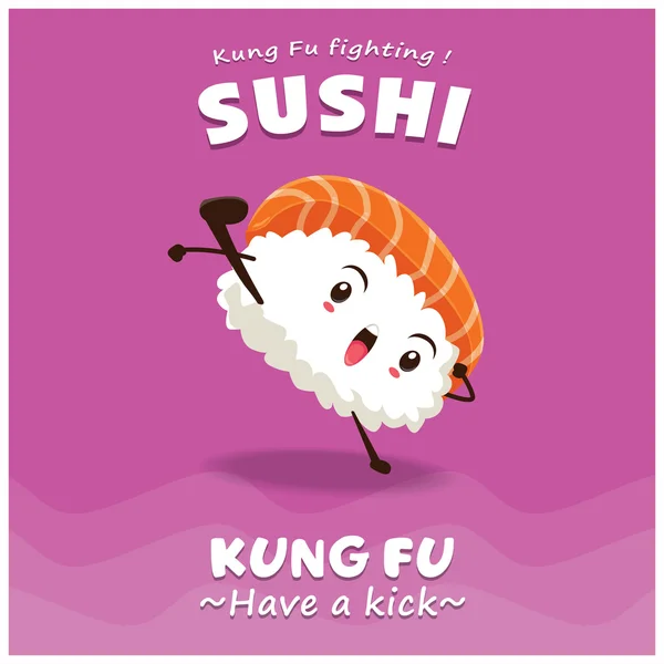 Vintage Kung Fu Sushi poster design con personaggio sushi vettoriale — Vettoriale Stock