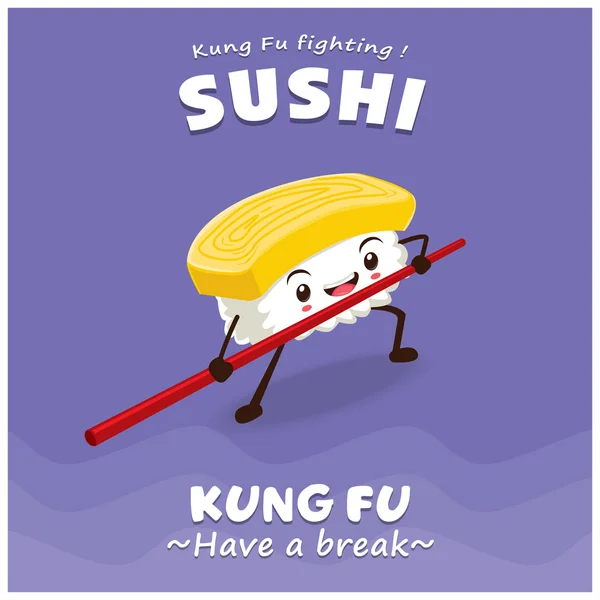 Vintage Kung Fu Sushi poster design con personaggio sushi vettoriale — Vettoriale Stock