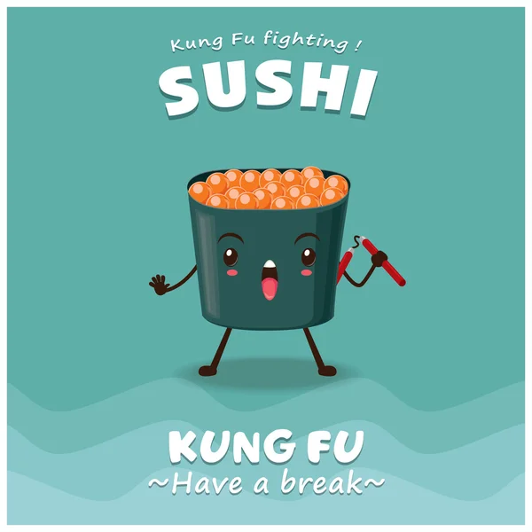 Diseño de póster de sushi Kung Fu Vintage con carácter de sushi vectorial — Archivo Imágenes Vectoriales
