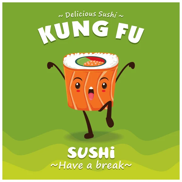 Vintage Kung Fu Sushi poster design con personaggio sushi vettoriale — Vettoriale Stock