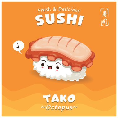 Vintage suşi afiş tasarımı vektör suşi karakter ile. Tako anlamına gelir ahtapot ile dolu. Çince kelime suşi anlamına gelir..
