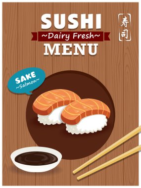 Vintage suşi afiş tasarımı. Çince kelime suşi anlamına gelir.. 