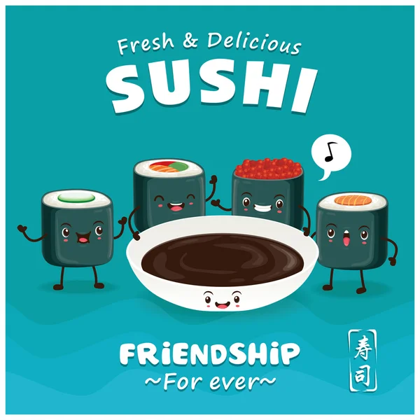 Desain poster lama Sushi dengan karakter vektor sushi. Bahasa Cina berarti sushi . - Stok Vektor