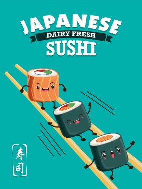 Vintage Sushi poster design with vector sushi character. Chinese word means sushi. clipart
