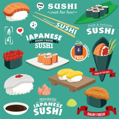 Vintage Sushi poster design with vector sushi character. Chinese word means sushi. clipart