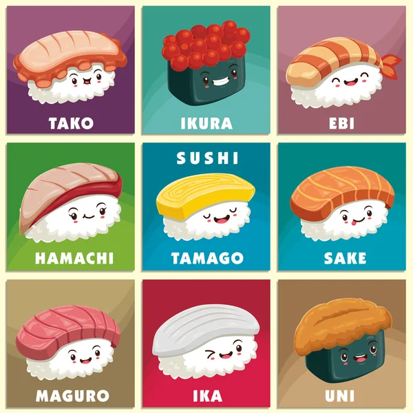 复古寿司海报设计矢量寿司特色。中国一词是指寿司. — 图库矢量图片