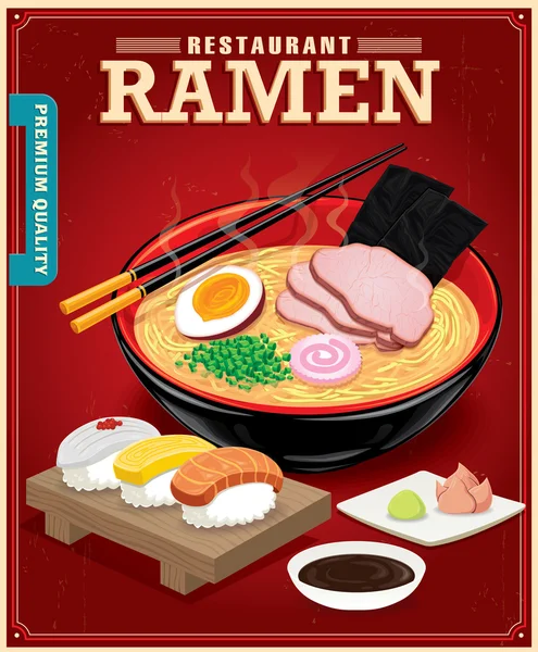 Vintage Ramen affisch design. Kinesiska ordet betyder sushi. — Stock vektor