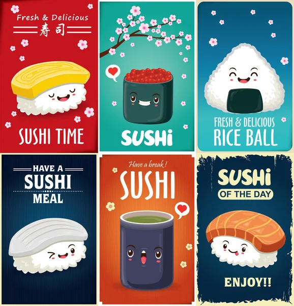 Vintage Sushi Poster Design mit Vektor Sushi Charakter. Chinesisches Wort bedeutet Sushi. — Stockvektor