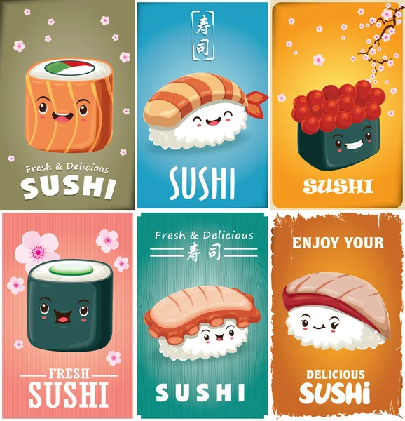 Vintage Sushi Poster Design mit Vektor Sushi Charakter. Chinesisches Wort bedeutet Sushi. — Stockvektor