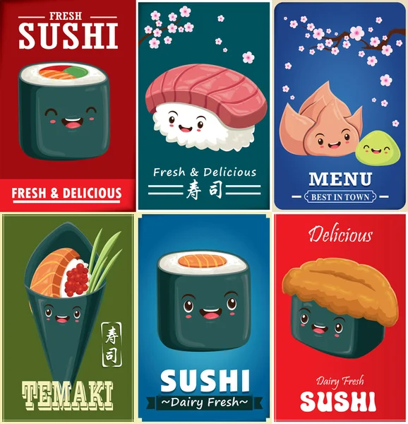 Vintage Sushi affisch design med vektor sushi karaktär. Kinesiska ordet betyder sushi. — Stock vektor