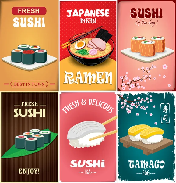 Vintage Sushi affisch design med vektor sushi, ramen. Kinesiska ordet betyder sushi, grönt te. — Stock vektor