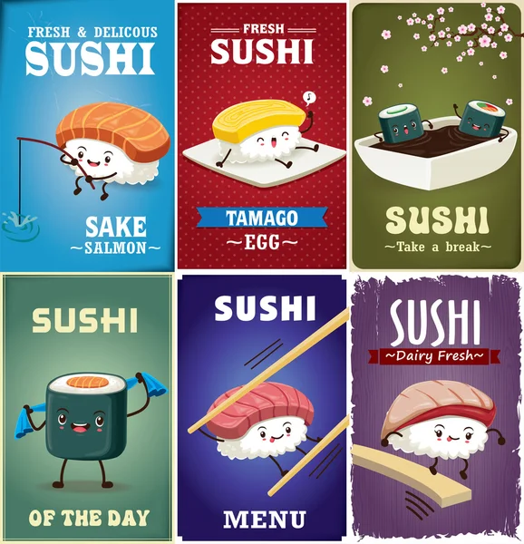 Vintage Sushi Poster Design mit Vektor Sushi Charakter. Chinesisches Wort bedeutet Sushi. — Stockvektor