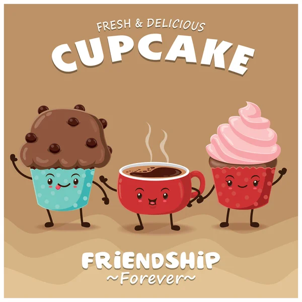 Design de cartaz de café e cupcake vintage com café vetorial, personagem de cupcake . — Vetor de Stock