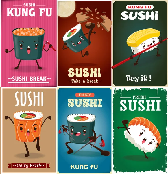 Poster design vintage Kung Fu Sushi avec personnage vectoriel de sushi. Mot chinois signifie sushi . — Image vectorielle