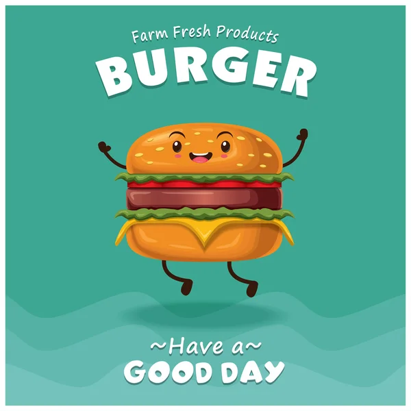 Vintage burger poster design set con personaggio hamburger vettoriale . — Vettoriale Stock