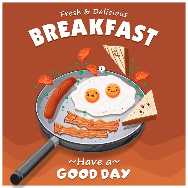 Diseño de póster de desayuno vintage con huevo vectorial, salchicha, carácter de pan . — Vector de stock