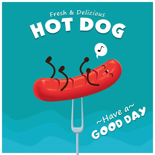 Desain poster hot dog model lama dengan karakter hot dog . - Stok Vektor