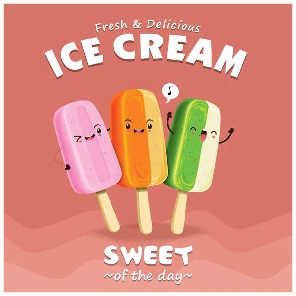 Vintage dondurma afiş tasarımı dondurma karakteri ile. — Stok Vektör