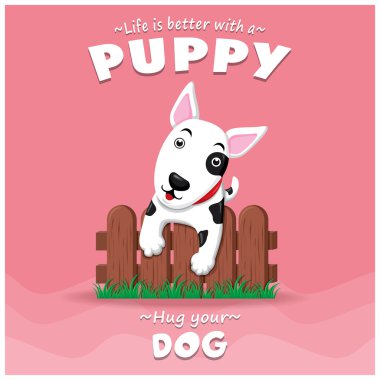 Vintage köpek yavrusu afiş tasarımı vektör köpek karakteri ile.