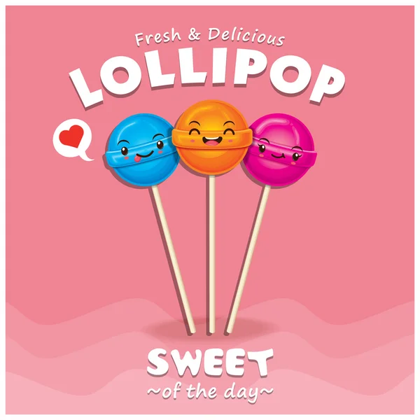 Vintage lollipop poster ontwerpset met lollipop karakter. — Stockvector