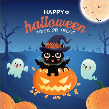 Cadılar Bayramı klasik poster tasarımı vektör kedi, balkabağı, hayalet karakter. 