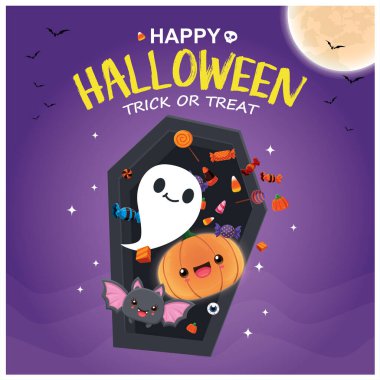 Eski Cadılar Bayramı poster tasarımı vektör hayalet, jack o fener, iblis, yarasa karakter. 