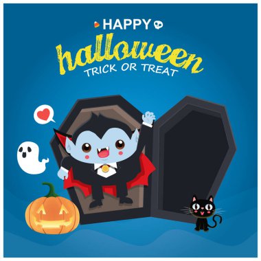 Eski Cadılar Bayramı poster tasarımı vektör hayalet, jack o fener, vampir, kedi karakter. 